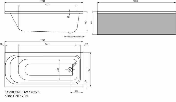 BW-VIG-1 Badwanne Vigour One 1700X750 mm fix fertig mit Träger aufgeschäumt